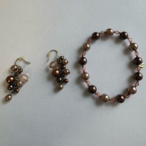 Elegant Brown and Pink Beaded Jewelry Set, 2 bracelets and matching earrings